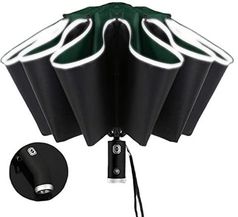 JACTZ Regenschirme Vollautomatischer Rückverfeitungsschirm Mit Led -Taschenlampe 10Ribs Winddicht Reflektierender Streifen Uv -Regenschirme Für Sonnen- Oder Regentag-Led-10Ribs-Green