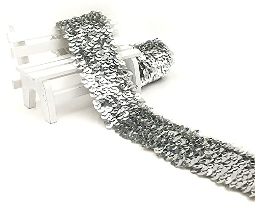4,8 cm x 3 m Metallic Paillettenband Elastisches Paillettenbesatz (J) | 5-Reihiges Stretchbesatz Paillettenapplikation Flache Pailletten Stoffbesatz Dekoband Zierband Meterware für Nähen Kleidung