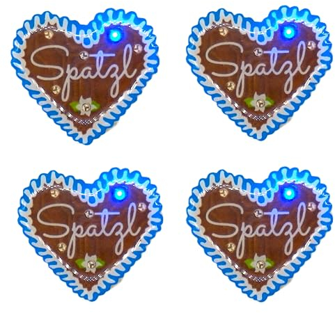 4 Stück LED Anstecker Pin Spatzl im Lebkuchenherz-Design für Hochzeiten Oktoberfeste Fasching Karneval Geburtstag Firmenfeier Junggesellenabschied