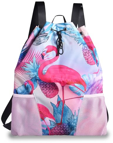 LParkin Schwimmbeutel für Kinder, wasserdichte Tasche mit Kordelzug für Trocken-Nass-Trennung, PE-Beutel mit Kordelzug für Wasserflasche, Regenschirmhalter, Rosa Flamingo, M