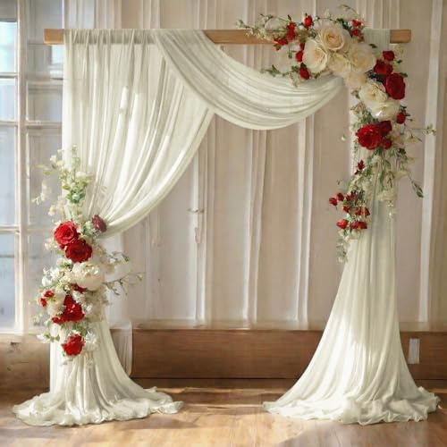 MDS Pack of 1 Wedding Arch Drape Panel (30 Width x 40ft Long) Sheer Chiffon Arbor Canopy Drapery Fabric for Wedding Ceremony Reception Decoration Party Ceiling Backdrop Curtain Swag - Ivory