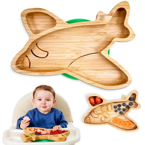 BamBamKidz Unterteilter Saugnapfteller aus Bambus für Babys – Teller für Kleinkinder mit starkem Saugnapf – ungiftig, komplett natürliche und umweltfreundliche Materialien – Flugzeug