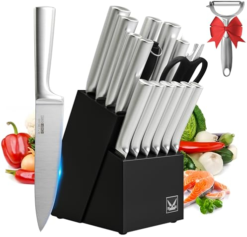 16PCS Chef Knife Set, HUIKAILI Knife Sets with Wooden Block, Stainless Steel Kitchen Knife with Sharpener, High Carbon Stainless Steel & Ergonomic Handle Sharp Kitchen Knife Set Boxed Gift
