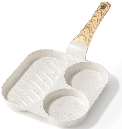 GiPP Ceramic Non Stick Egg Pan, 3-In-1 Divided Breakfast Omelette Frying Pan, 7.9 with Heat-Resistant Handle, Compatible with All Stove Tops, PFOA/POFS/PTFE Free, White