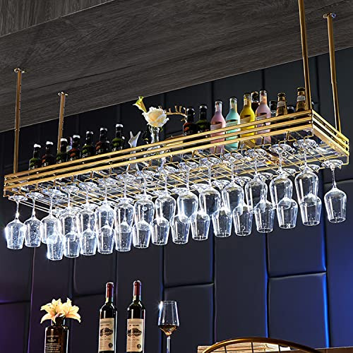 KUZRZNH Ceiling Wine Rack&Hanging, Adjustable Hanging Wine Rack with Acrylic Board for Bar Cafe Kitche, 31.5''x13.8'' Iron Hanging Wine Glass Racks, Wine Bottle, Goblet Stemware Rack, Mug Rack-Gold