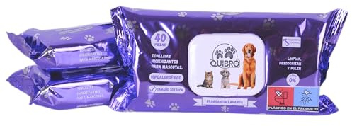 Quibropets Pack de 3 Toallitas Húmedas con Fragancia Lavanda para la Higiene de Perros y Gatos - Limpieza Profunda y Efectiva - Limpiador de Patas para Mascotas - 120 Toallitas