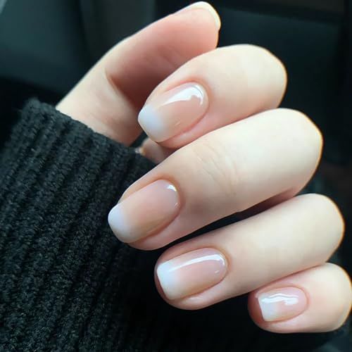 MrCuvaryas Press on Nails Künstliche Nägel kurz, Weißes French-Nail-Design mit Farbverlauf, Fingernägel zum Aufkleben Acryl Full Cover für Frauen und Mädchen Nail Art (Nude Gradient, 12 Größen)