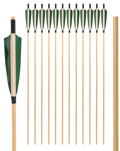 Generisch 12pcs Pfeile Holzschaft Für Recurvebogen Langbogen Traditionellerbogen Handgemachte Jagdpfeile Schaft Mit 5 Truthahnfeder (Grün)