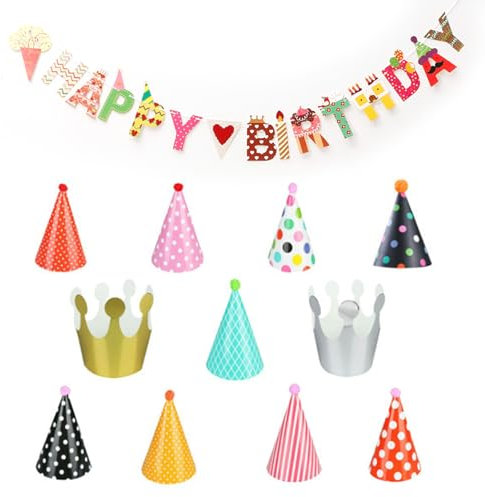 ZYNERY 12 cappellini per feste di compleanno, mini cappelli di carta per feste di compleanno, torte, coni, cappelli di carta per ragazzi e ragazze, per feste di compleanno