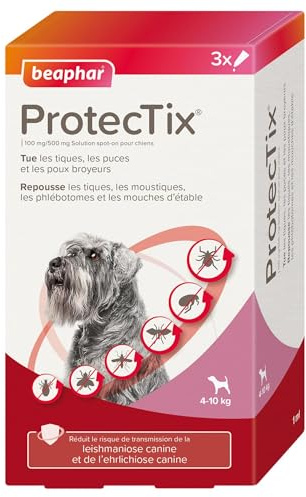 BEAPHAR – PROTECTIX® Solution Spot-on pour Chiens (4-10 kg) – Pipettes antiparasitaires – Protège Contre 6 parasites différents de 2 à 4 semaines (tiques, puces, moustiques...) – 3 pipettes de 1ml