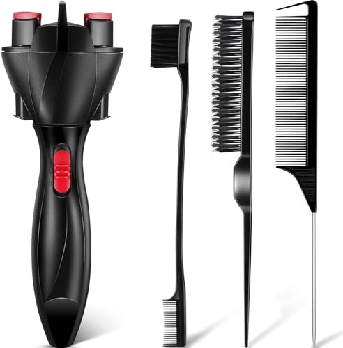 Tioncy 4 Pcs Automatic Hair Twister Machine Set, Includes Electronic Hair Braider Double Sides Edge Brush Bristle Brush and Pin Tail Comb, DIY Hair Braiding Machine Hair Roller Tool for Women