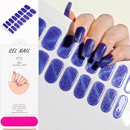 UV Gel Strips | 16 pcs Lila Katzenauge Nagelfolie | French Selbstklebende Nagelsticker für Gel-Nägel | Nagelkunst & Maniküre | Gellack Wraps für Nail art Nageldesigns (Lila Katzenauge)