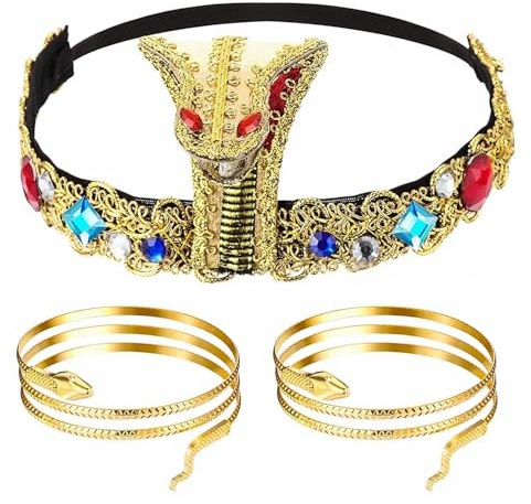 3 Stücke Ägyptisches Kostüm Zubehör, Ägyptisches Kostümzubehörset, Egyptian Costume, Cleopatra Kostüm, Ägyptische Stirnband mit 2 Stück Schlangen-Oberarmbänder für Halloween, Themenpartys, Karneval