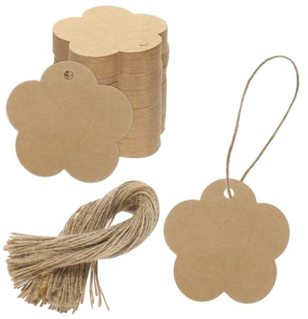 QUARKZMAN 100pz Etichette Regalo in Carta Kraft con Cordino 18x18Etichette Carta Forma Fiore Cinque Foglie Etichetta Sacchetti Regalo Marrone per Etichette Prezzo Regali Natale Artigianato