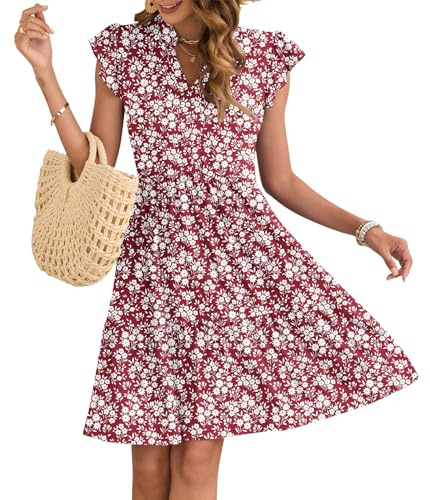 AUSELILY Vestito Donna Estivo con Scollo a V Maniche a Volant Mini Abito Vita Elastica Vestiti Casual con Tasche Piccoli Fiori Rossi S