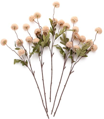 Laelfe Beige Artificial Pompon Mum Flowers, 5 Bundles | Long Stem Faux Silk Kiku Flowers Fake Small Mini Chrysanthemums for Vase Filler Wedding Bouquet Table Centerpieces