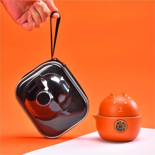 Service À Thé De Voyage Chinois Mini Avec Étui En Forme De Chat Porte-bonheur Théière De Montagne En Céramique Avec Infuseur Et 2 Tasses À Thé Kungfu Service À Thé De Voyage Portable(Orange)