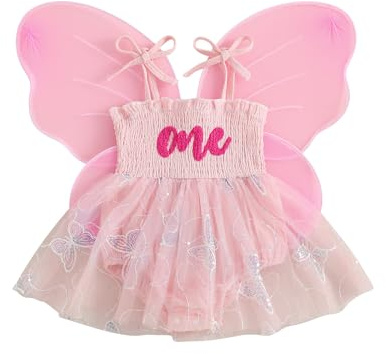 2Pcs Infant Baby Girl 1st Birthday Outfit Romper Dress Bodysuits Letters 3D Butterfly Embroidery Jumpsuit Princess Dress A-Line Baptism Birthday Dress with Butterfly Wings (Pink, 12-18 Months)