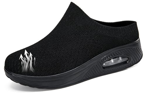 Backless Trainers Women Orthopedic Clogs Platform Mules Air Cushion Slip-on Walking Shoes Breathable Knit Mesh Open Back Sneakers (Black,36EU)