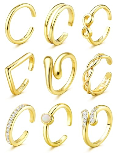 FANCH 9Pcs Zehenringe für Damen Verstellbarer Offene Hypoallergene 14K Gold Gefüllte Zirkonia Träne Opal Keltische Band Infinity Zehenringe Daumen Knöchel Ringe Sommer Strand Fuß Schmuck Set Gold