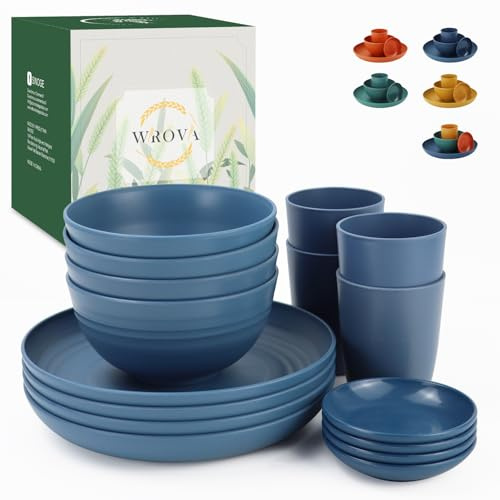 Wrova Reusable Plastic Plates and Bowls Sets 16PCS Camping Dinner Set | Unbreakable Plates Sets | Service for 4 | Plastic Dishes Set for Camping - Microwave Safe and Dishwasher Safe - Blue