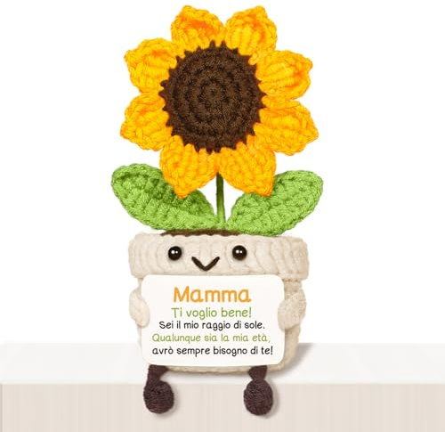 Giftasy Regalo Mamma, Regalo Mamma Compleanno - Girasole All’Uncinetto | Regalo Compleanno Mamma Originali, Idea Regali Mamma Natale, Dimensioni: 6×6×14cm