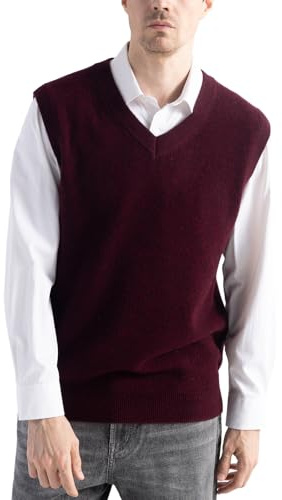 Chanyarn Men's 100% Merino Wool Sweater Vest 2025 Fall Winter Casual Solid V Neck Sleeveless Knitted Sweater Vest (Dark Red,XXL)