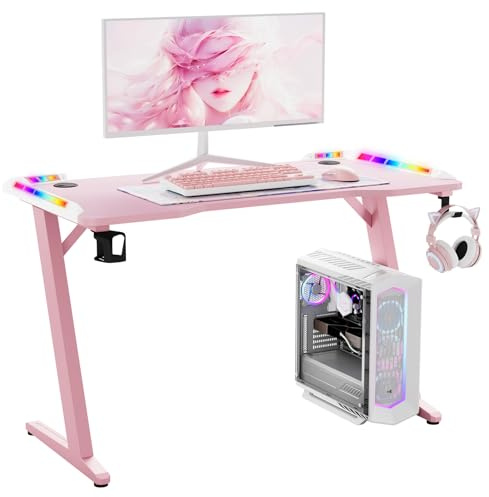 Hironpal Gaming Desk 120cm Z - Shaped with Led Lights, Cup Holder, Headphone Hook, 2 Cable Grommets Carbon Fibre Tabletop for Game Home Office, Pink (Z-shaped Pink)