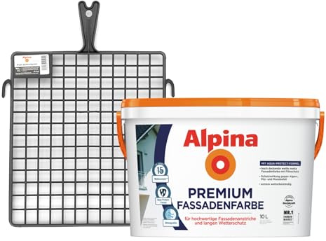 Alpina Premium Fassadenfarbe 10 Liter Weiß matt – hochwertige Schutzfarbe für wetterbeständige Außenwände – inkl. Abstreifgitter