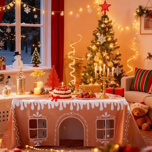 Christmas Decorations Gingerbread Playhouse Tablecloth, Reusable Washable Tablecloth for Kids Table Tent Indoor & Outdoor, Xmas Family Gathering Winter Holiday Party Supplies (150X180CM)