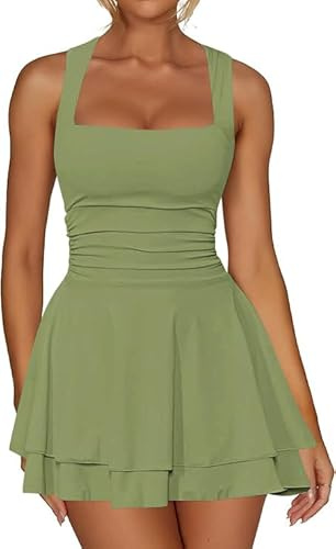 Sukiglam Robe Femme Sexy sans Manches Col Carré Robes Courte d'Été Élégante Dos Nu Mini Robe Moulante de Soirée Décontractée Bodycon Robes à Double Couche Volants pour Cocktail Fête Clubbing