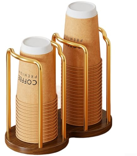 Sogoluat Portabicchieri in legno e ferro per tazze di carta da caffè, piani di lavoro, organizer da scrivania, gadget da cucina per uso domestico e ufficio (doppio portabicchieri oro)
