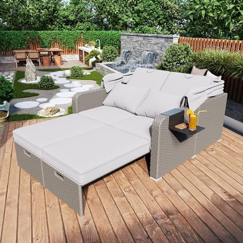 CelticHearth Polyrattan Gartenmöbel Set für 2 Personen, Loungesofa mit Abnehmbarer Markise, Stahlrohr mit Rostschutz, Khaki, Belastbarkeit 300kg