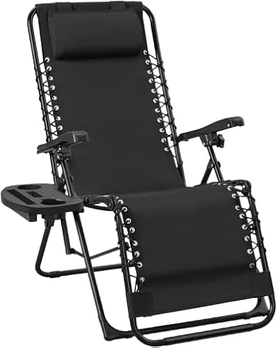 Weida Home Tumbona Plegable para Exterior | Reposapiés y Cojín Ajustable | Silla Reclinable Bandeja Lateral para Bebidas, Móvil y Libros | para Terraza, Camping, Playa, Piscina (Negro)