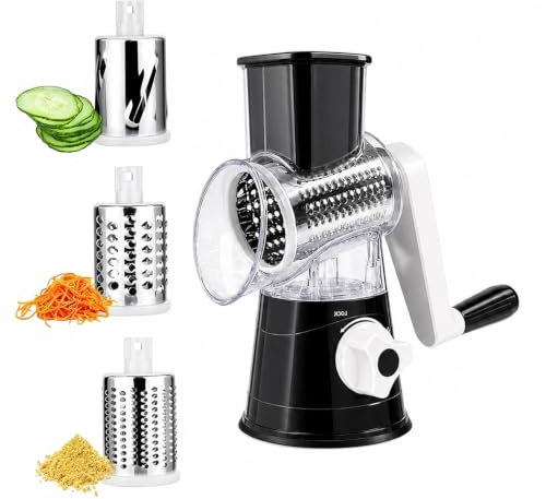 Rallador de verduras con manivela, rallador de verduras manual, rallador multifuncional con 3 hojas de tambor, rallador giratorio para queso, pepino, zanahoria, patata, nueces (negro)