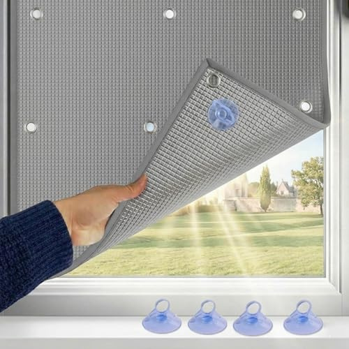 Sonnenschutzfolie für Glasfenster, Wärmeisolierung Isolierfolie für Fenster, UV-Schutz Doppelte Aluminiumfolie Verdunkelungs Isolierfolie mit Saugnapf für Heimbüro,Garage(Grau,105x110cm)