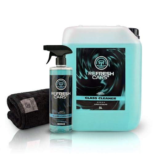 Refresh Cars Limpiacristales Profesional Coche 5L + Spray 500 ml + Bayeta Microfibra — Antilluvia Antimosquitos Interior y Exterior, Glass Cleaner Concentrado Visibilidad Óptima