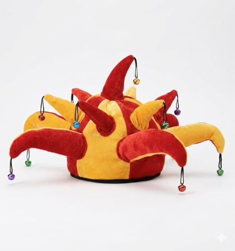 Genérico Gorro de Bufón de Terciopelo, Rojo y Amarillo, con Cascabeles, Diseño España, para Fiestas y Eventos Deportivos