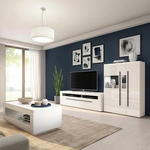 Lomadox Wohnwand Set in Weiß Hochglanz inkl. Couchtisch & LED Beleuchtung, 3-teilig - Anbauwand, Fernsehwand, Vitrine, Vitrinenschrank, Fernsehschrank, Fernsehtisch