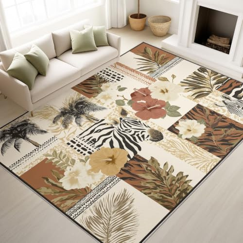 Alfombra de retazos tribales de 80 x 120 cm, color marrón, alfombra para sala de estar, dormitorio, decoración del hogar, palmera, floral, estampado de cebra, alfombra ultra suave, antideslizante