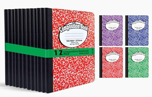 Better Office Products Composition Book Notebook - Hardcover, Wide Ruled (11/32-inch), 100 Sheet, One Subject, 9.75 x 7.5, Assorted Covers: Red, Blue, Green, Purple-12 Pack
