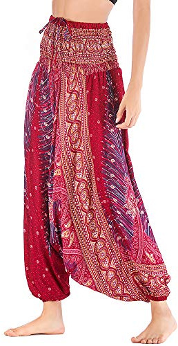 Nuofengkudu Mujer Harem Pantalones Jumpsuit Boho Cintura Alta Verano Playa(Vino Tinto Pavo)
