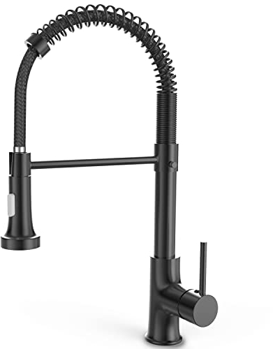 OWill Black Kitchen Taps Mixer with Pull Out Spray High Arc Single Handle Spring, 360° Swivel Modern Stainless Steel Sink Taps for Camper Laundry Utility Rv Wet Bar