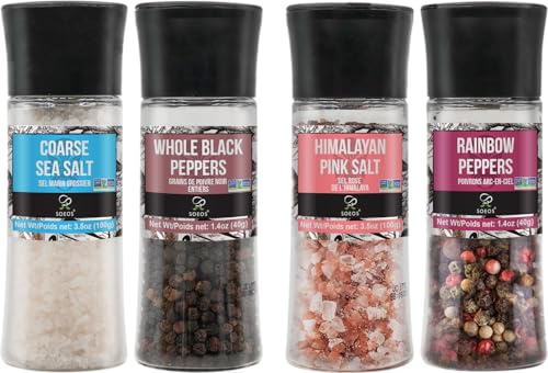Soeos Granos de pimienta negra + sal marina blanca + granos de pimienta arcoíris + sal rosa, 9.8 onzas en total, molinillo de botellas de plástico con especias incluidas, juego de sal y pimienta,