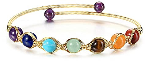 GEHECRST Schmuck 7 Chakra Armband 14K Gold Wire Armreif Partnerarmbänder Paar Armbänder einstellbar Yoga Armreif Perlenarmband Heilenstein Yoga Meditation Energietherapie