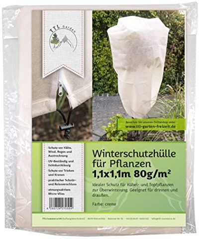 TTL GARDEN 110 x 110 cm Winterschutz Haube 80g/m² beige mit Reißverschluss | - für Pflanzen - Premium Vlies Schutzhülle, Frostschutz Haube für Kübelpflanzen Palmen Oliven - gegen Frost Wind Austrocknung