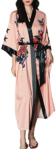 MEDUOLA Frauen Sommer Kimono gedruckt Satin Seide Lange Elegante Nachthemd Unicode,Rosen und Vögel