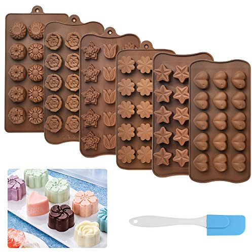 DIKEBAO 6 Pcs Molde Bombones Silicona Moldes De Silicon Chocolate Molde De Corazón Para Chocolate 15 Cavidades Moldes De Goma Para Chocolate Con 6 Formas: Corazón Estrella Rosa Flores + 1x Cuchillo