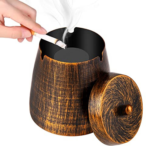 Cendrier d'extérieur pour terrasse avec couvercle, cendrier pour cigarettes en acier inoxydable avec couvercle pour l'extérieur, cendrier inodore coupe-vent en métal pour table en fer, taille L