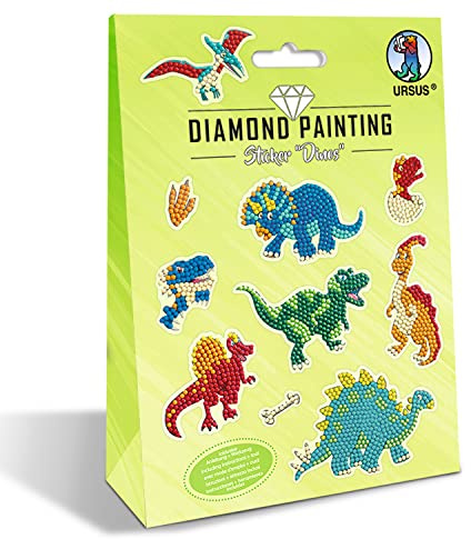 Ursus 43500009 – Diamond Painting Sticker Dinos, set med 2 klistermärken i olika utföranden, diamantstenar, plock, vax och skål, inklusive instruktioner